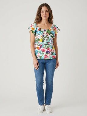 Anthropologie Postmark Ruffle neckline Floral Print Top Scoop Neck Blouse